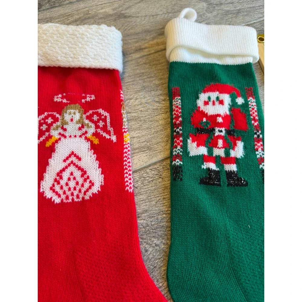 Christmas Stockings Lot of 2 Hand Knit Holiday Angel Santa Holiday Gift Stocking